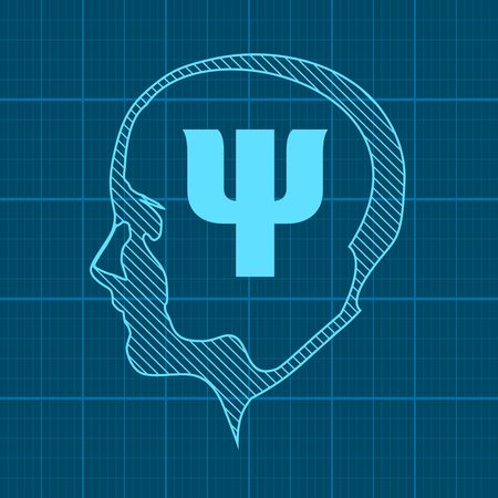 Silhouette of a human head. Mental health relative brochure, report design template. Scientific medical designs. Psi symbol in the head. Mechanical engineering drawing background.のイラスト素材