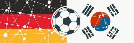 Flags of countries participating to the football tournament. Germany and South Korea national flags. Soccer ball in the center. Connected lines with dotsのイラスト素材
