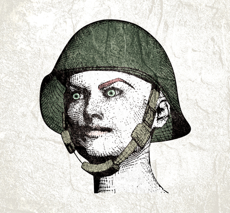 Portrait of a miltary lady. Woman wearing helmet. Vintage engraved illustrationの写真素材