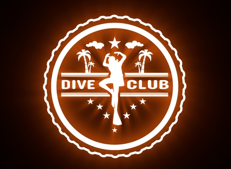 Silhouette of diver. Graphic design of stamp. The concept of sport diving. Neon bulb illumination. 3D renderingの写真素材
