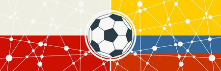 Flags of countries participating to the football tournament. Poland and Colombia national flags. Soccer ball in the center. Connected lines with dotsのイラスト素材