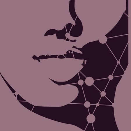Lower part of the woman face front view. Elegant silhouette of a female head. Open mouth. Silhouette textured by lines and dots patternのイラスト素材