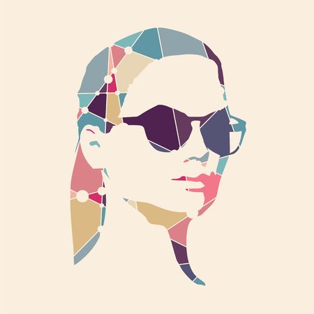 Portrait of beautiful woman wearing sunglasses. Half turn view. Silhouette textured by lines and dots patternのイラスト素材