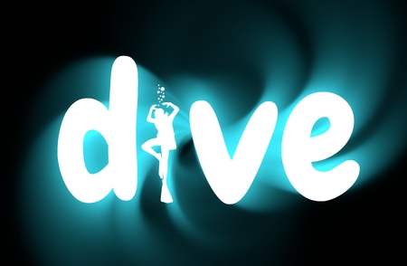 Dive word with silhouette of diver. The concept of sport diving. 3D renderingの写真素材