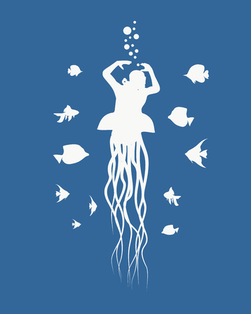 Silhouettes of diver and fishes around. Jelly fish as lower part of the body. The concept of sport diving.のイラスト素材