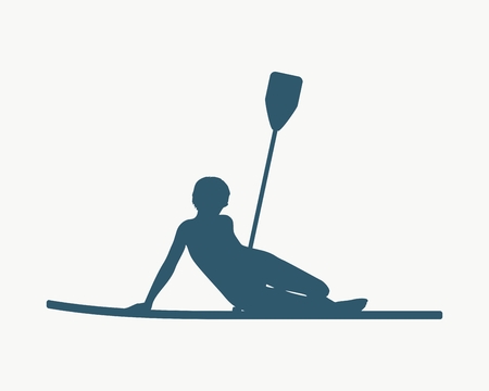 Woman posing with surfboard and paddle. Vintage surfing graphic and emblem for web design or print. Stand up paddle boardingのイラスト素材
