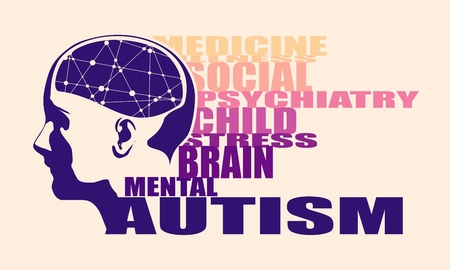 Abstract illustration of a human head with brain. Medical theme creative concept. Connected lines with dots. Autism disease tags cloudのイラスト素材