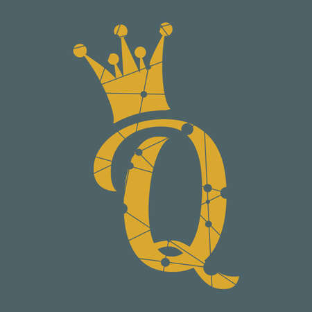 Vintage royal emblem with Q letter silhouette. Medieval queen crown. Fashion branding emblem. Textured by connected lines with dots.のイラスト素材