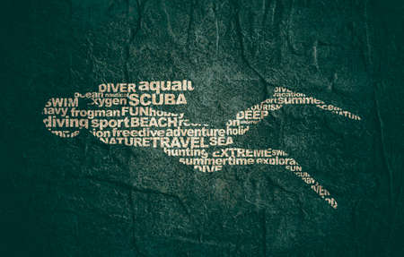 Silhouette of diver from relative words cloud. Icon diver. The concept of sport diving.の写真素材