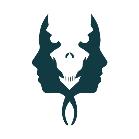 A zombie or two face profile view. Optical illusion. Human head make silhouette of skullのイラスト素材