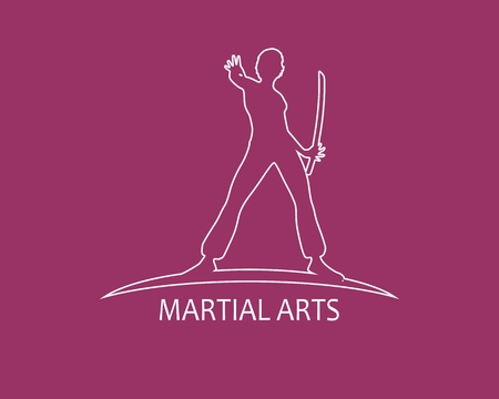 Martial art silhouette of woman in sword fight Kung Fu pose. Outline emblem for sport club.のイラスト素材