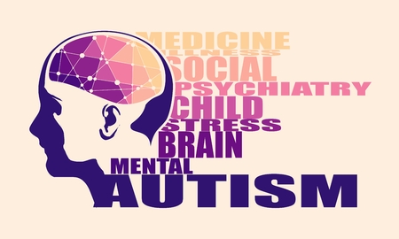 Abstract illustration of a human head with brain. Medical theme creative concept. Connected lines with dots. Autism disease tags cloudのイラスト素材