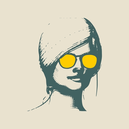Portrait of a lady in sunglasses. Vintage engraved illustrationのイラスト素材