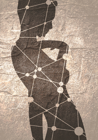 Confused woman raising her hand to face. Sexy lady silhouette. Fashion mannequin. Short hair. Silhouette textured by lines and dots patternの写真素材