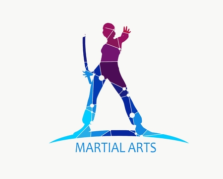 Martial art silhouette of woman in sword fight Kung Fu pose. Emblem for sport club. Textured by connected lines with dots.のイラスト素材