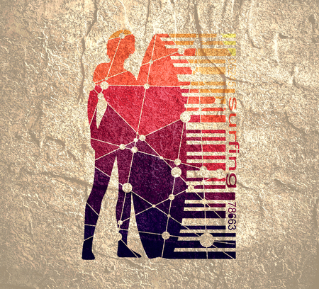 Woman posing with surfboard. Surfing emblem for web design or print. Bar code connected with silhouette textured by lines and dots patternの写真素材