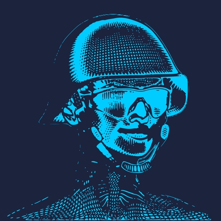 Portrait of a miltary lady. Woman wearing helmet. Vintage engraved illustrationのイラスト素材