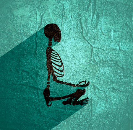 Human skeleton in yoga meditation pose. Halloween party design template. Web icon with long shadowの写真素材