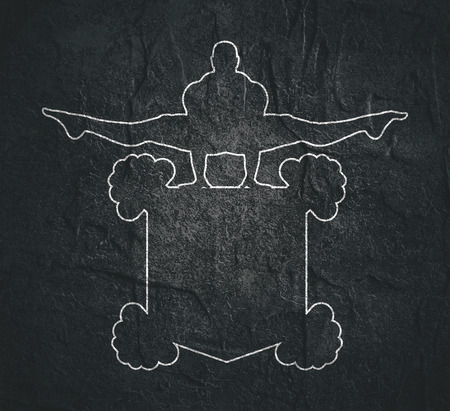 Muscular man posing on shield emblem. Bodybuilding coat of arm. Outline design sport badge or emblemの写真素材