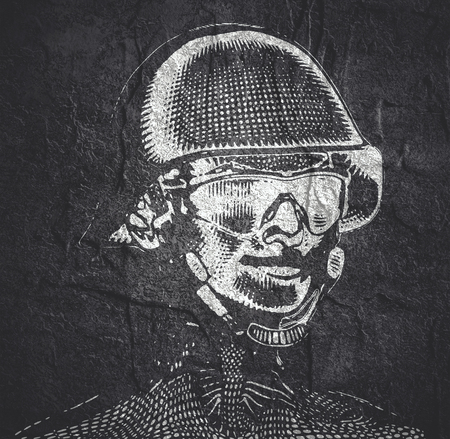 Portrait of a miltary lady. Woman wearing helmet. Vintage engraved illustrationの写真素材