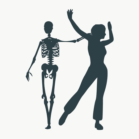 Woman and skeleton standing silhouettes. Halloween party design template. Lady try run away from death embraceのイラスト素材