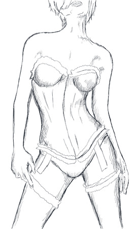 Beautiful sexy fitness girl. Pretty woman wearing lingerie and garter. Front view. Sketch by pencilの写真素材