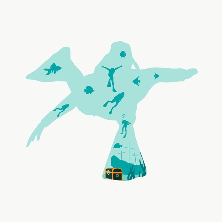 Silhouette of diver. Underwater world background. Underwater landscape with sunken ship and treasure chest. Marine life and fauna. Double exposure designのイラスト素材