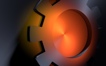 Industrial background. Brochure or web banner design template. Technology, chemistry and science background. Gear in orange spotlight. 3D renderingの写真素材