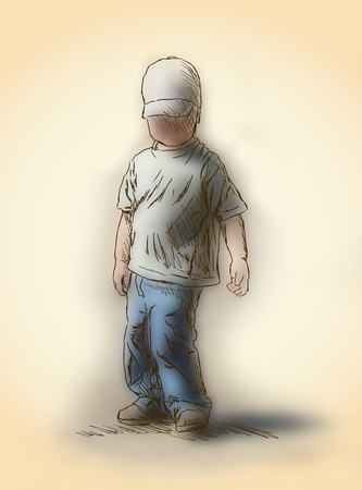 A cute little boy stand. Summer season. Hand drawn illustrationの写真素材