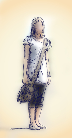 Attractive fashionable teen girl outdoors with bag. Hand drawn illustrationの写真素材