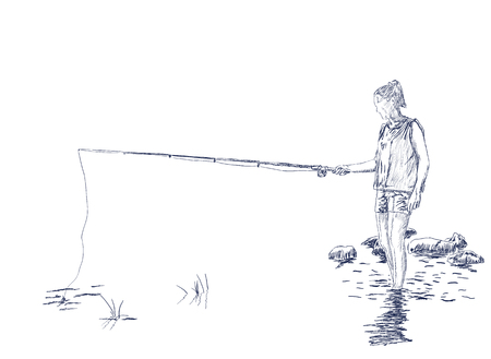 Young fishing woman on the river bank in the water resting on the nature. Hand drawn illustrationの写真素材