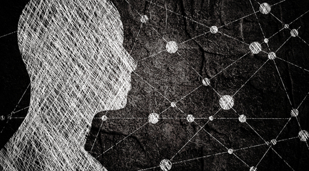 Silhouette of a man's head. Mental health relative brochure, report design template. Scientific medical designs. Connected lines with dots. Ink sketch effectの写真素材