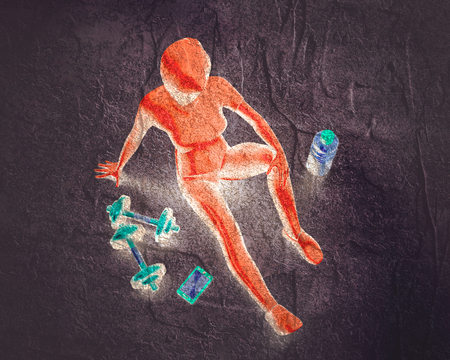 Top view of sporty young woman. 3D rendering. Mannequin of a metallic material and dumbbells. View from above.の写真素材