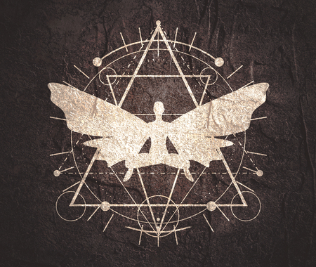Mystery, witchcraft, occult and alchemy tattoo sign. Mystical vintage gothic geometry thin lines symbol with butterfly woman in lotus yoga poseの写真素材