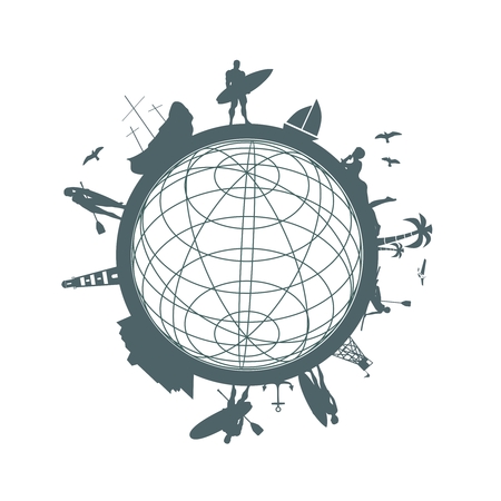 Circle with tropical recreation relative silhouettes. Objects located around the circle. Human posing with surfboard,cruise ship, palm and lifeguard towerのイラスト素材