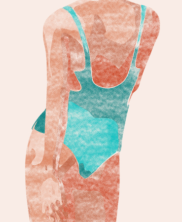 Beautiful sexy fitness girl. Pretty fit woman posing. Blue swimsuit. Back viewの写真素材