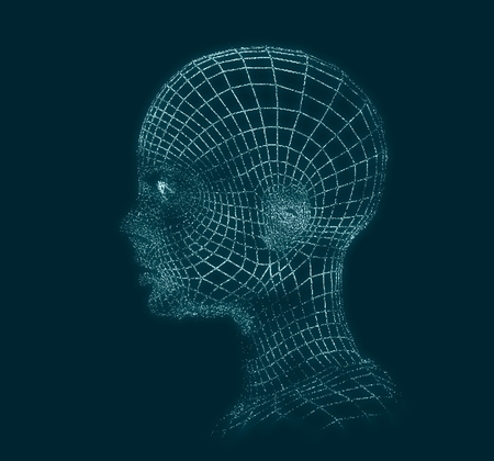 Young woman face from a 3d Grid. Wire frame model. Polygonal geometric design. 3D rendering.の写真素材