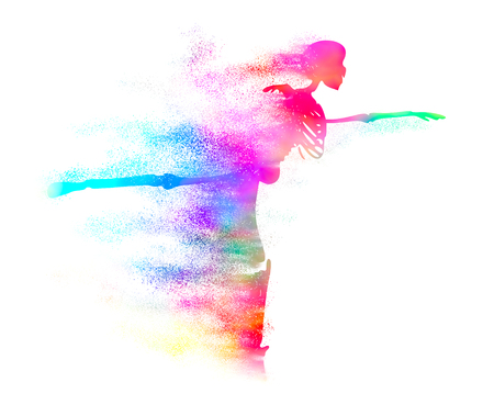 Human skeleton with trail of particles. Dancing pose. Halloween party design templateの写真素材