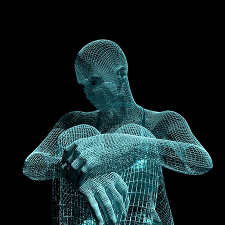 Young woman body from a 3d grid. Wire frame model. Polygonal geometric design. 3D rendering. Illustration of a woman sitting on the floor.の写真素材