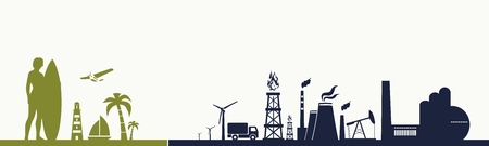 Industrial and tropical recreation relative silhouettes. Woman posing with surfboard,cruise ship, palm and lifeguard tower. Ecology conceptのイラスト素材