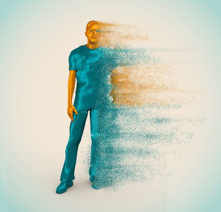 Young man wearing apron with trail of particles. Bearded worker model. 3D rendering.