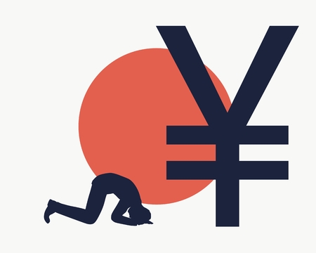Silhouette of man in prayer pose. Man and symbol of yen currency. Flag of the Japan on backdropのイラスト素材