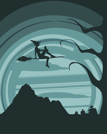 Halloween holiday background. Cemetery view at night. Flying witche with broomstickのイラスト素材