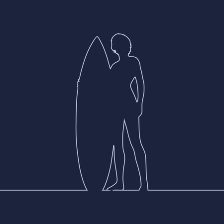 Woman posing with surfboard. Surfing graphic for web design Outline illustrationのイラスト素材