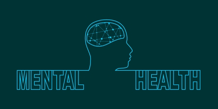 Man avatar profile view. Mental health relative icon. Scientific medical designs. Connected lines with dots.のイラスト素材