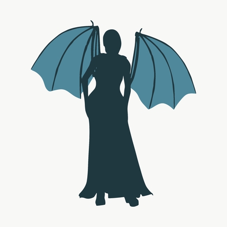 Sexy woman silhouette with bone wings standing in evening dress.のイラスト素材