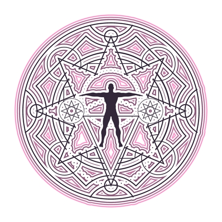 Mystery, witchcraft, occult and alchemy tattoo sign. Mystical vintage gothic geometry thin lines symbol with silhouette of a muscular manのイラスト素材