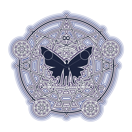 Mystery, witchcraft, occult and alchemy tattoo sign. Mystical vintage gothic geometry thin lines symbol with butterfly womanのイラスト素材
