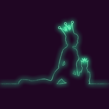 Outline illustration of woman sitting with cat. Young lady wearing crownの写真素材