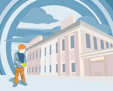 A cute little boy stand at street with flowers. Autumn season. Hand drawn illustrationのイラスト素材